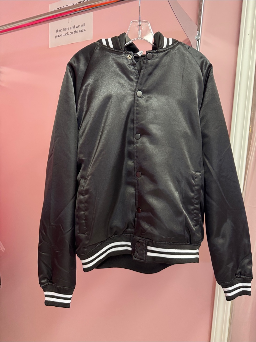 Black Satin Varsity Jacket with Striped Trim